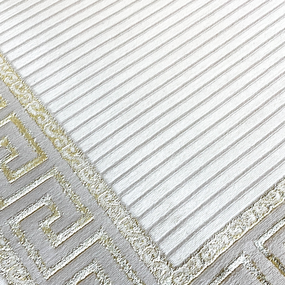 Orientalischer Designerteppich mit glänzendem Ornament in weiß-gold