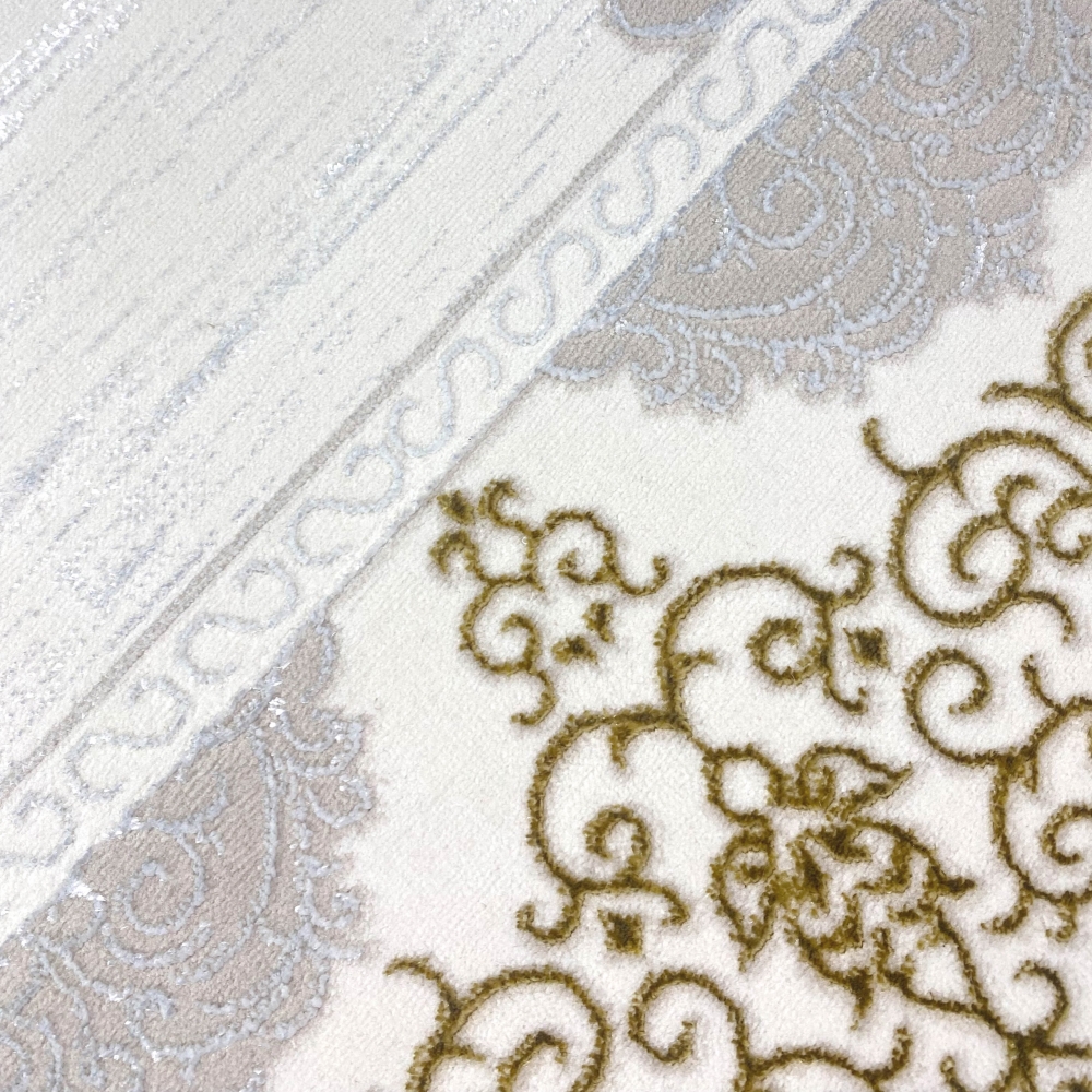 Orientalischer Designerteppich mit Ornament in weiß gold grau