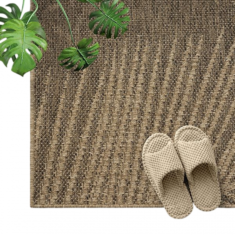 Hochwertiger In- und Outdoorteppich wetterfest im Blättermuster in Beige Braun