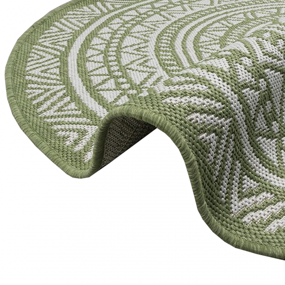 Eleganter runder Outdoor-Teppich mit Ethno-Muster – Stilvolles Grün und Weiß, wetterfest und pflegeleicht
