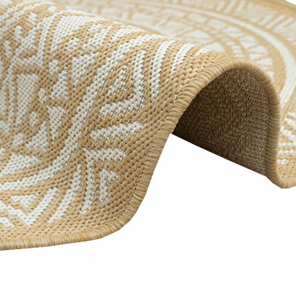 Ethno-Outdoor-Teppich Terrassenteppich rund in Beige und Weiß – Modern, robust und vielseitig