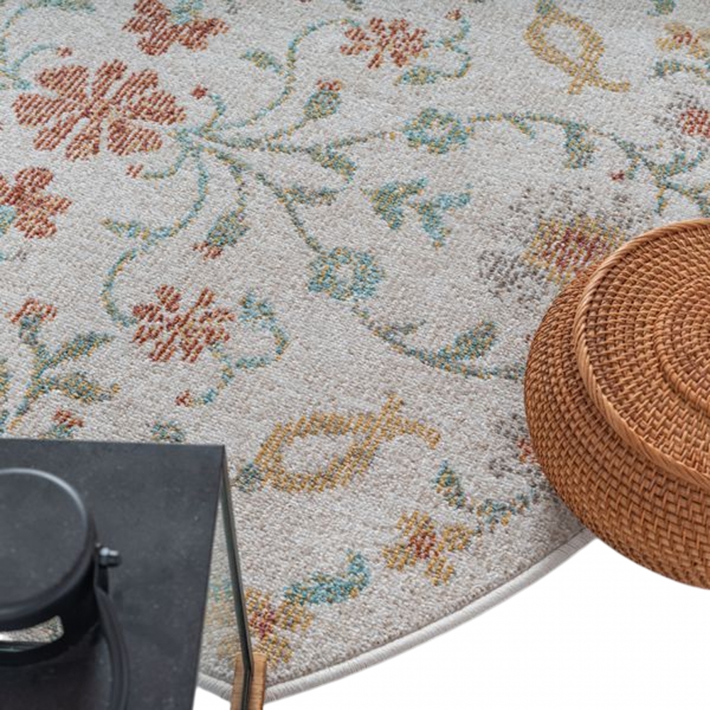 Teppich Outdoor Wohnzimmerteppich creme mit buntem Blumenmuster