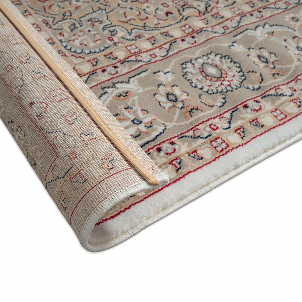 Teppich Creme Beige mit floralem Medaillon und ruhiger Bordüre