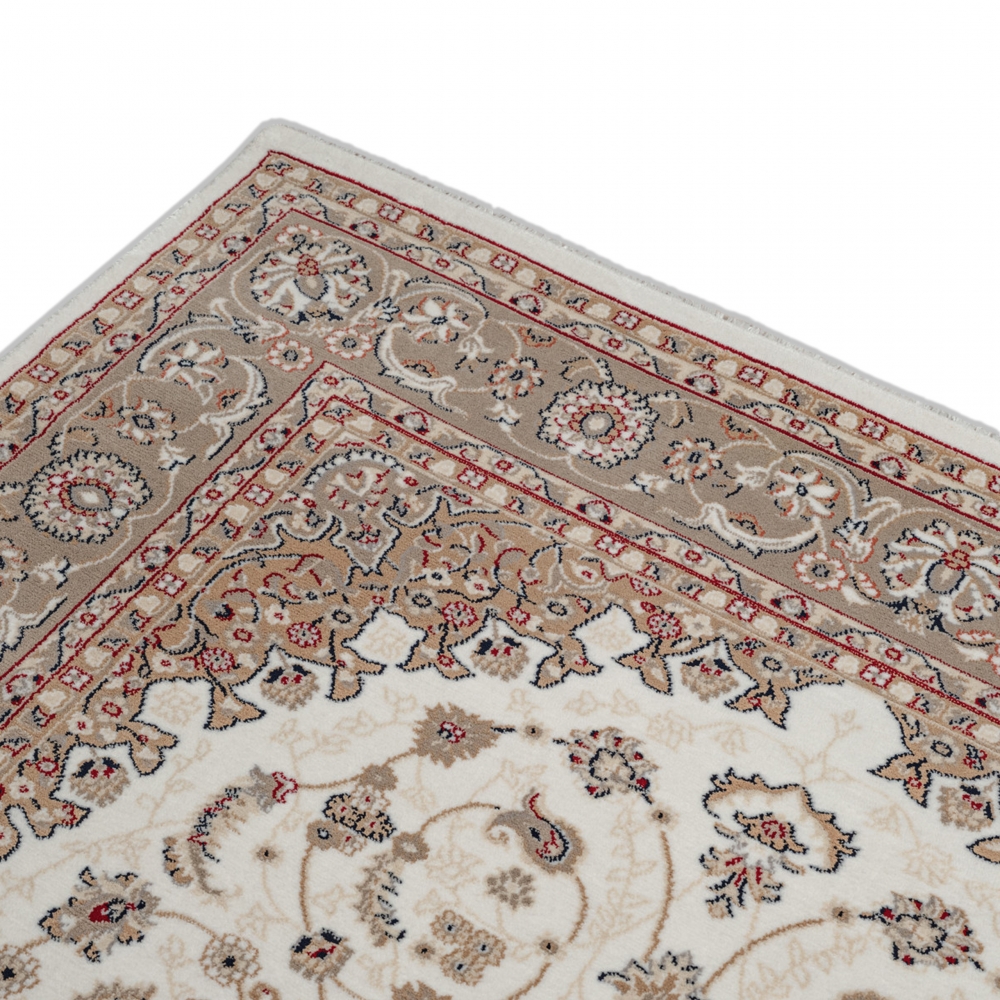 Teppich Creme Beige mit floralem Medaillon und ruhiger Bordüre