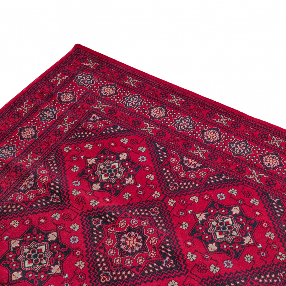 Teppich Rot mit geometrischen Medaillons und mehrteiliger Bordüre