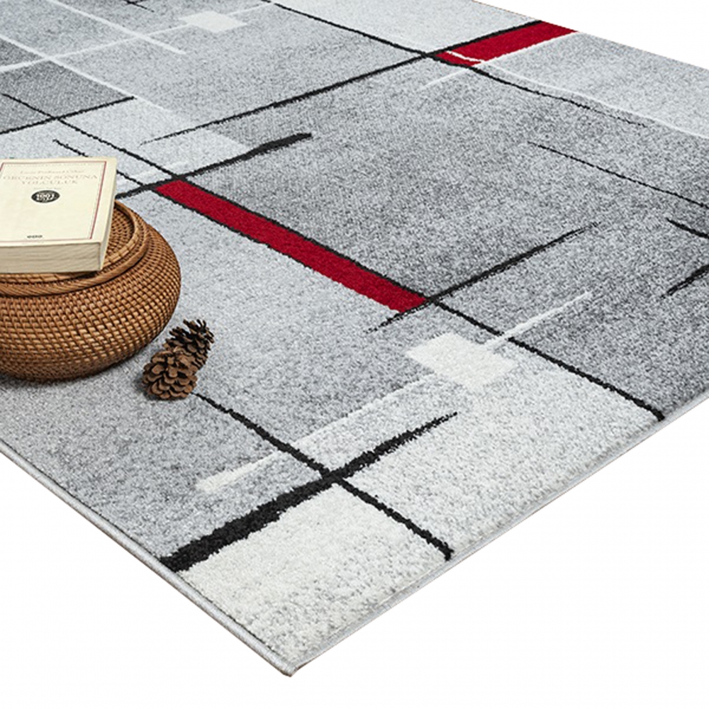 Moderner Teppich mit geometrischem Design in Grau, Weiß und Rot – Wohnzimmerteppich