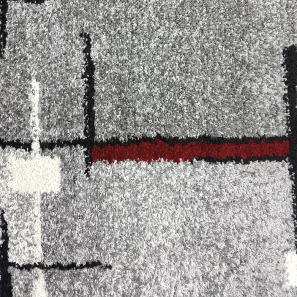 Moderner Teppich mit geometrischem Design in Grau, Weiß und Rot – Wohnzimmerteppich