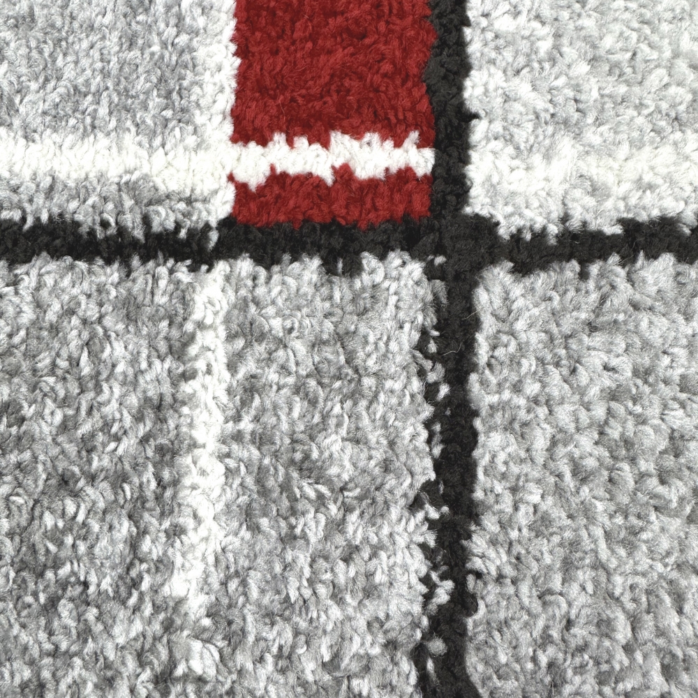 Moderner Teppich mit geometrischem Design in Grau, Weiß und Rot – Wohnzimmerteppich