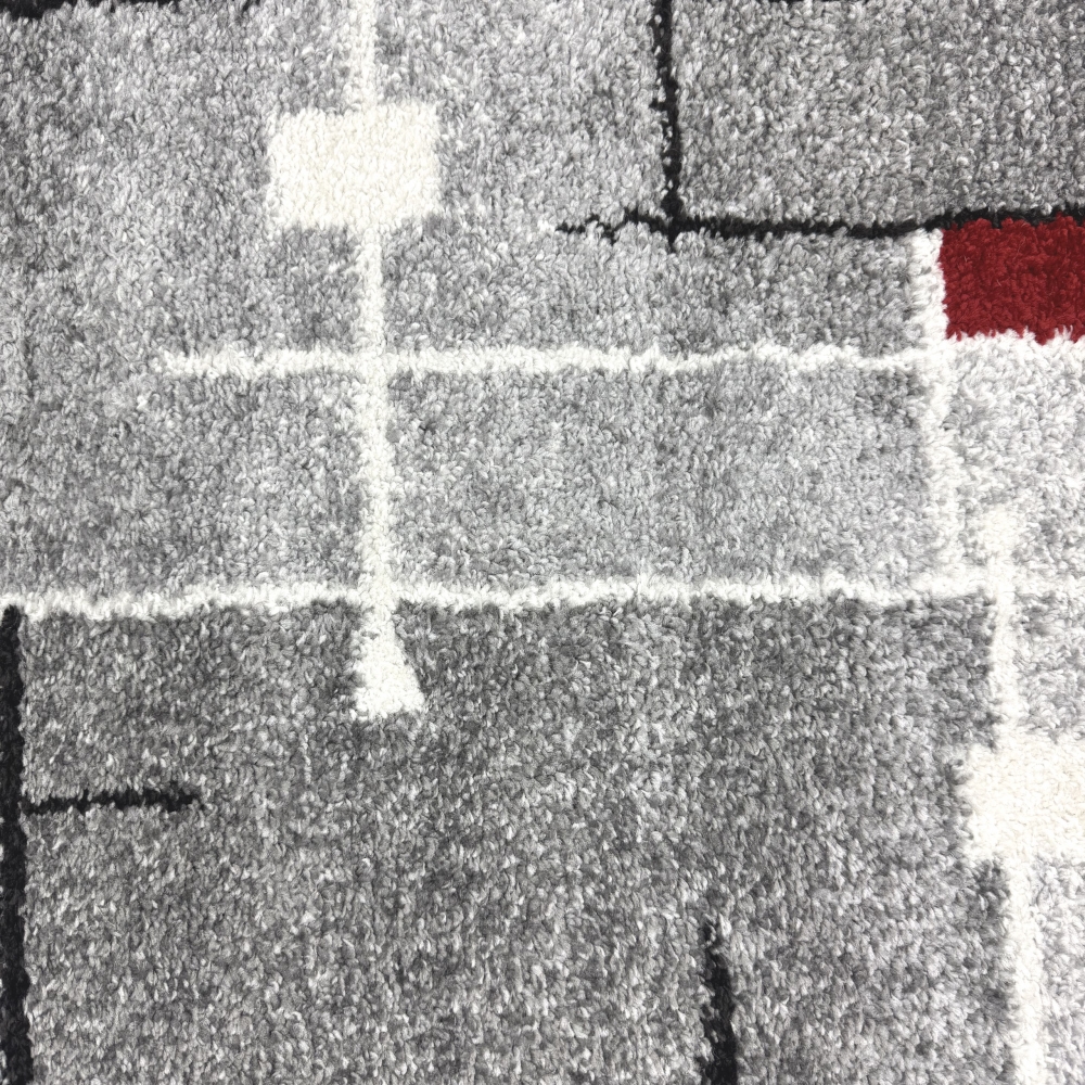 Moderner Teppich mit geometrischem Design in Grau, Weiß und Rot – Wohnzimmerteppich