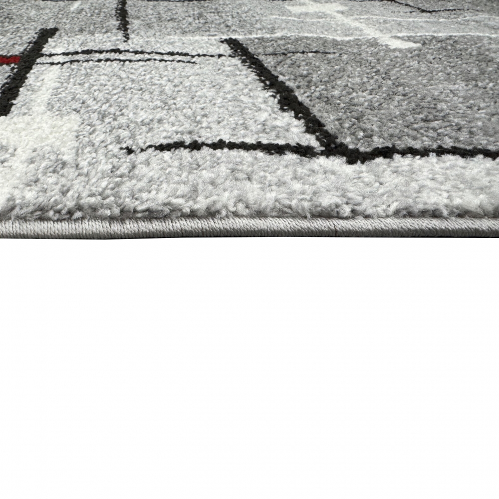 Moderner Teppich mit geometrischem Design in Grau, Weiß und Rot – Wohnzimmerteppich