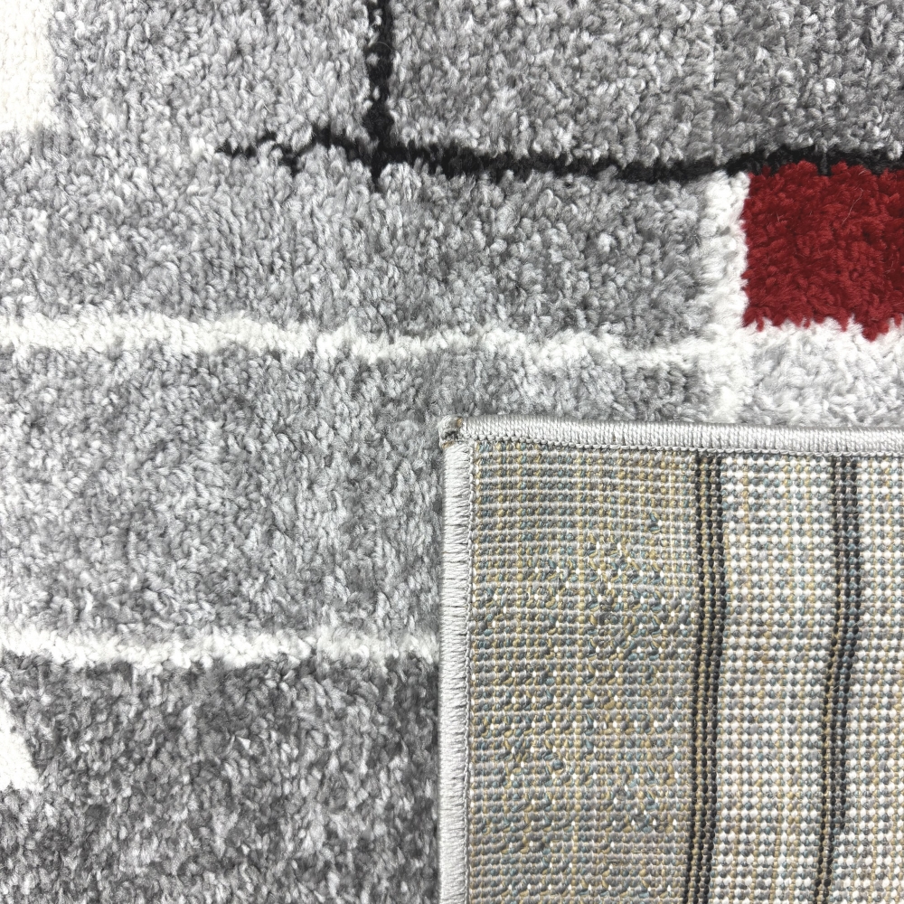 Moderner Teppich mit geometrischem Design in Grau, Weiß und Rot – Wohnzimmerteppich