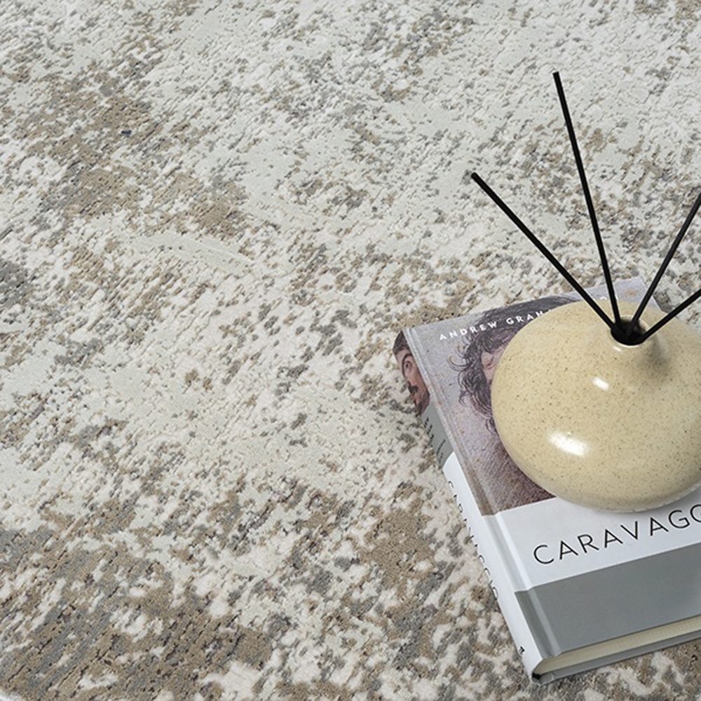 Moderner Teppich Wohnzimmer abstraktes Muster in dezenten Beige- und Cremetönen