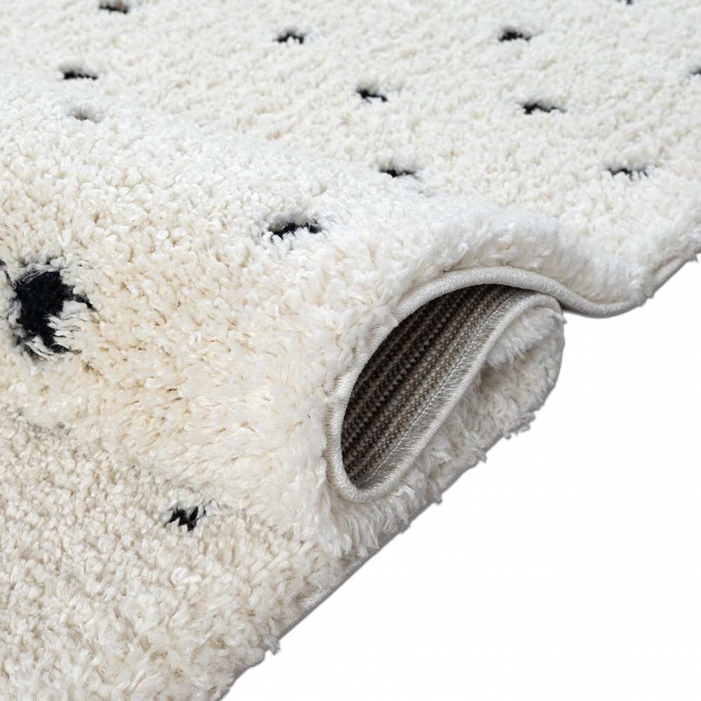 Moderner Teppich  Hochflor  mit Pünktchen-Design weich modern Beige mit Schwarzen Punkten