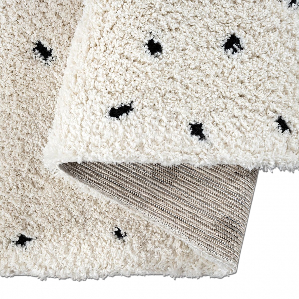 Moderner Teppich  Hochflor  mit Pünktchen-Design weich modern Beige mit Schwarzen Punkten
