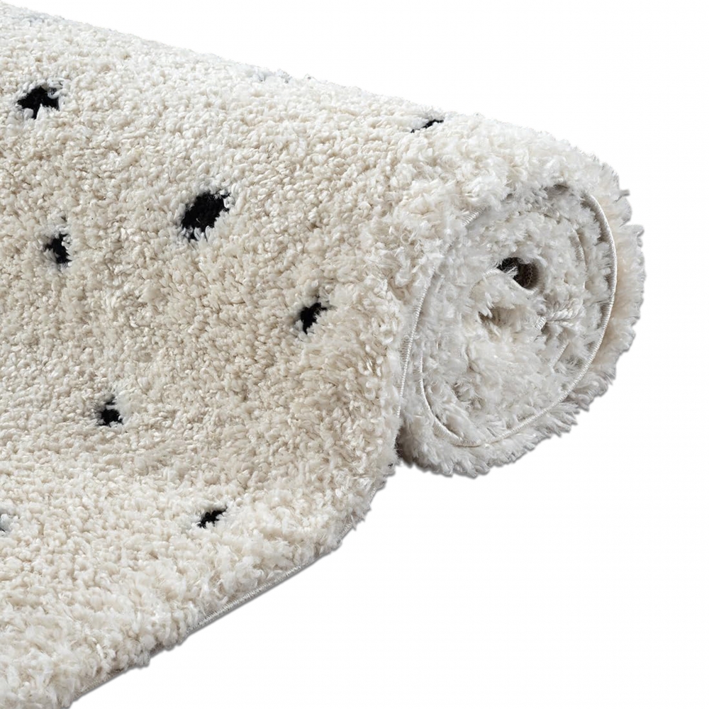 Moderner Teppich  Hochflor  mit Pünktchen-Design weich modern Beige mit Schwarzen Punkten