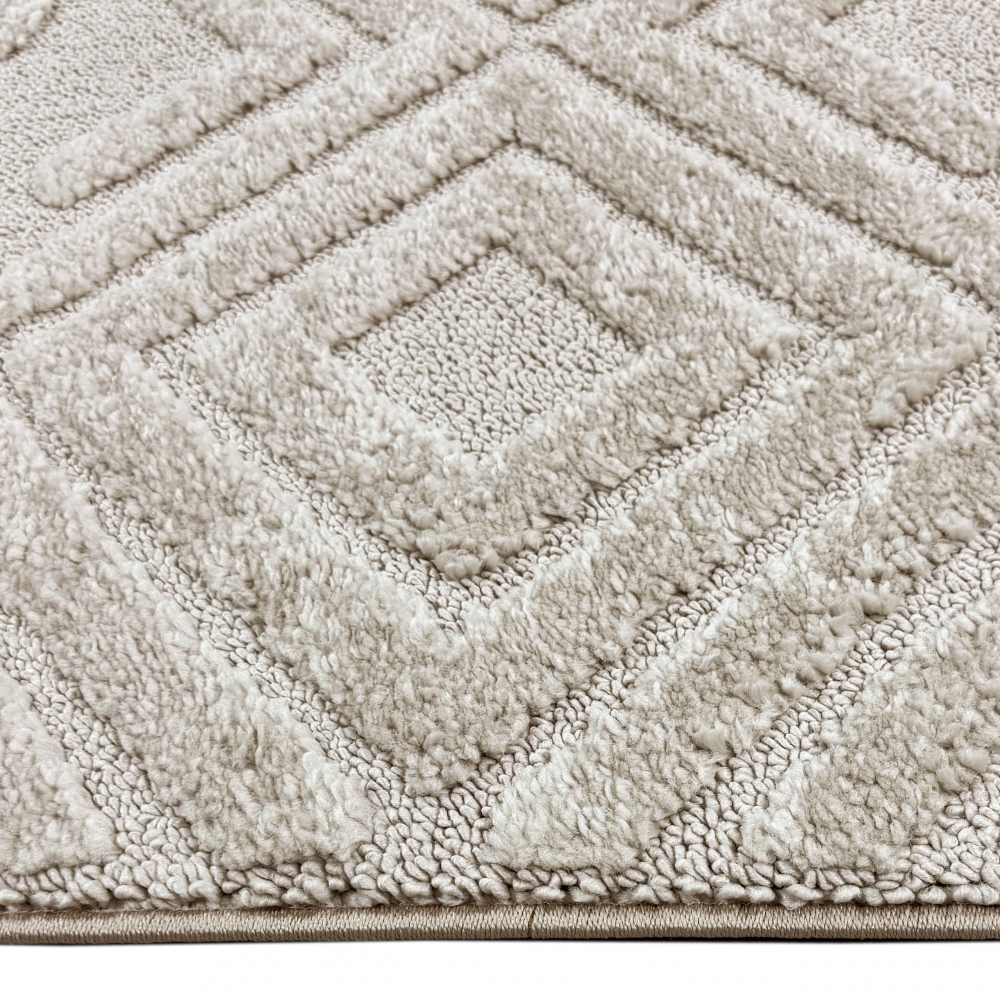 Wohnzimmerteppich Boho Style gemustert mit Rauten und Kreisen in Beige