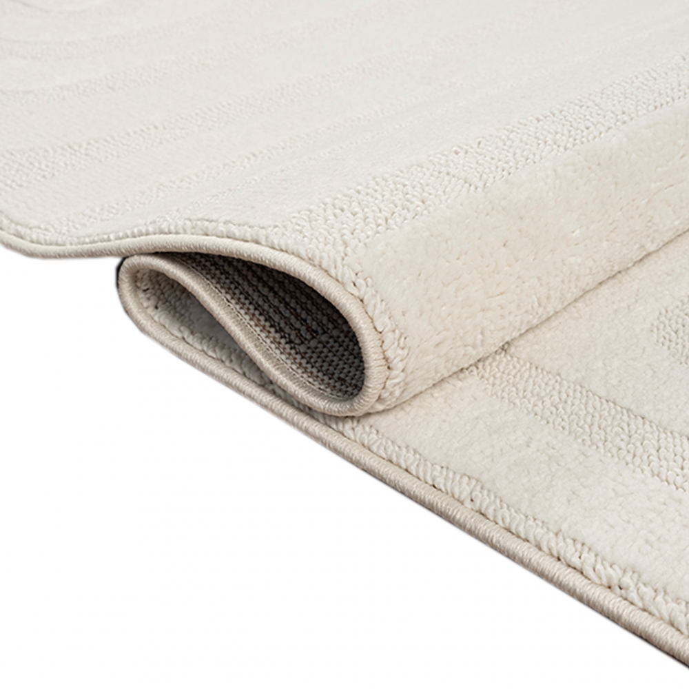 Schimmernder Wohnzimmerteppich gemustert durch Linien mit zwei Webarten in Creme