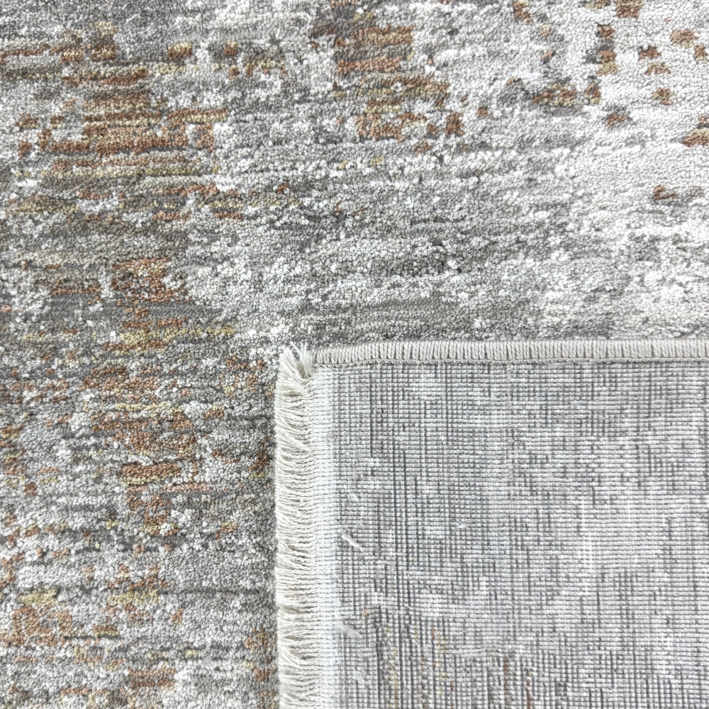 Teppich Kupfer Grau Creme mit abstraktem Muster und Fransen modern