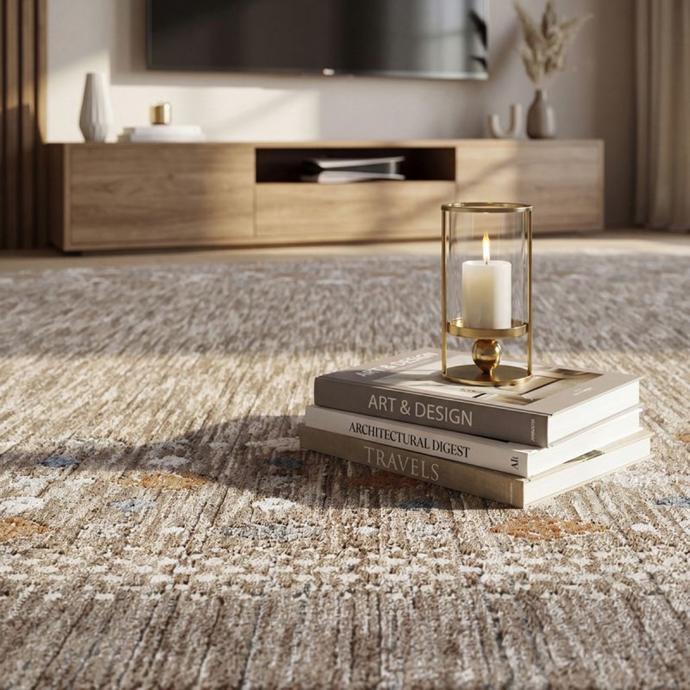 Teppich Dunkelbeige mit Bordürenmuster, Fransen und modernem Design