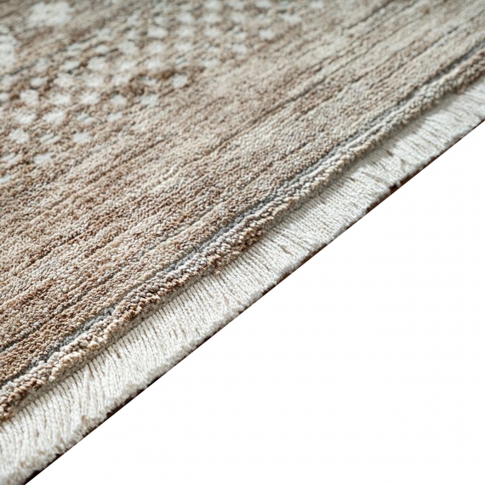 Teppich Dunkelbeige mit Bordürenmuster, Fransen und modernem Design