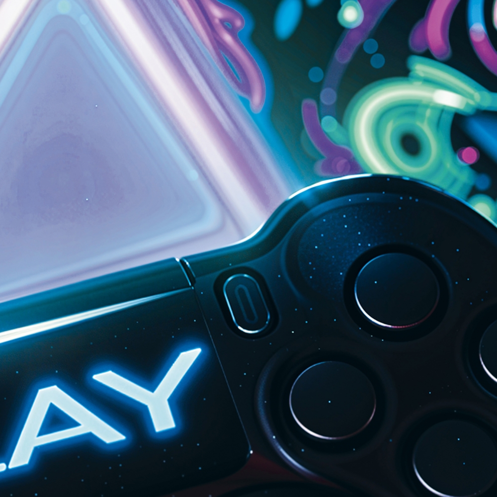 Gaming-Teppich mit lebendigen neon-farbigen Symbolen und schwebendem Controller