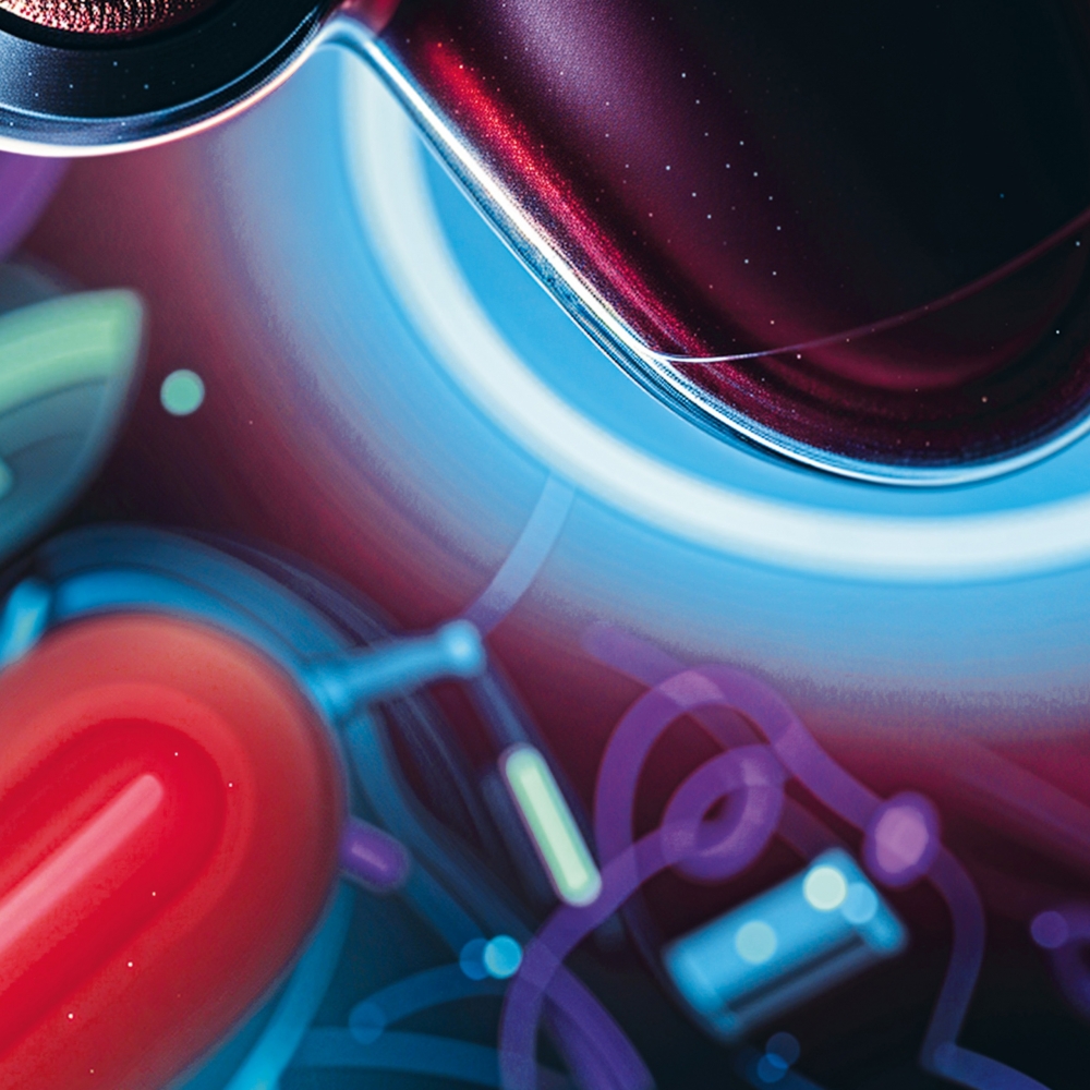 Gaming-Teppich mit lebendigen neon-farbigen Symbolen und schwebendem Controller