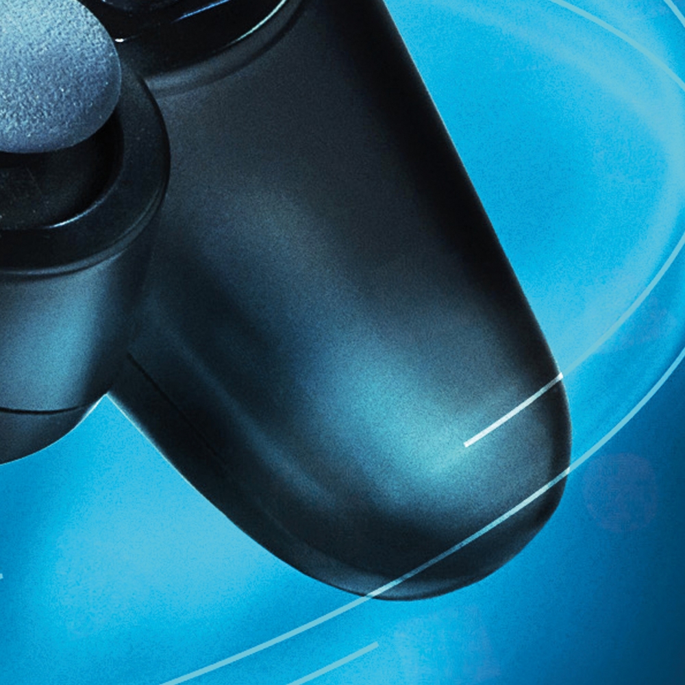 Gaming Teppich mit Joystick und blauem Neon-Strahl