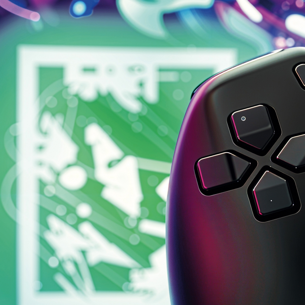 Gaming-Teppich mit lebendigen neon-farbigen Symbolen und schwebendem Controller