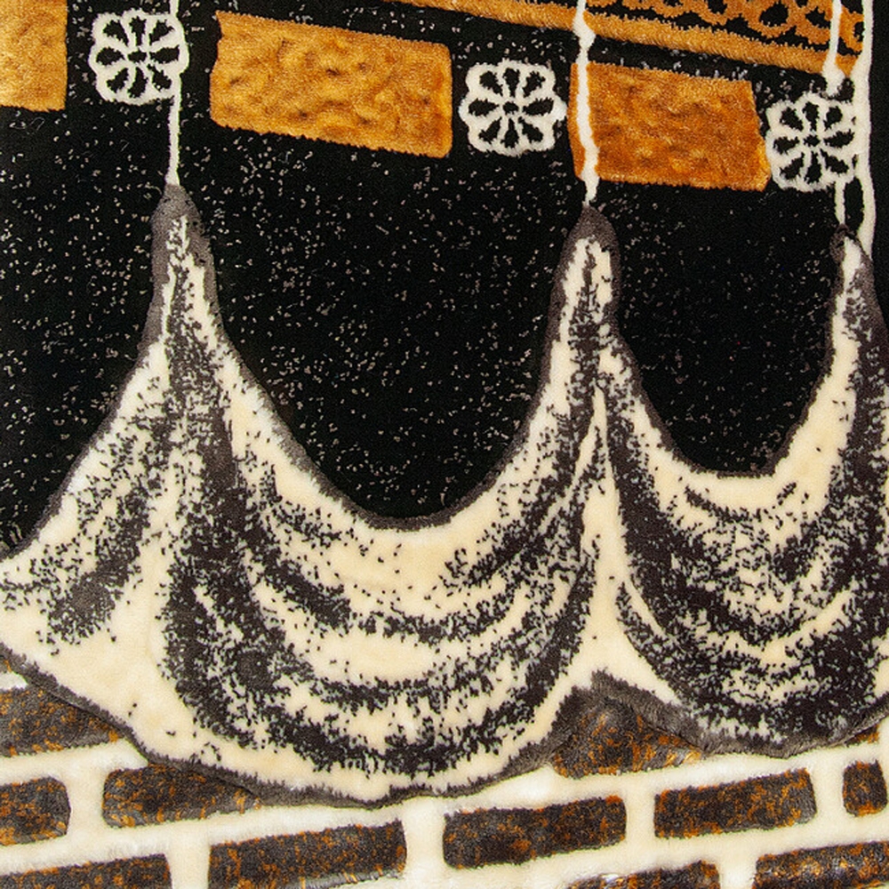 Gebetsteppich Schwarz Gold Beige mit Ornamentmotiv und Fransen