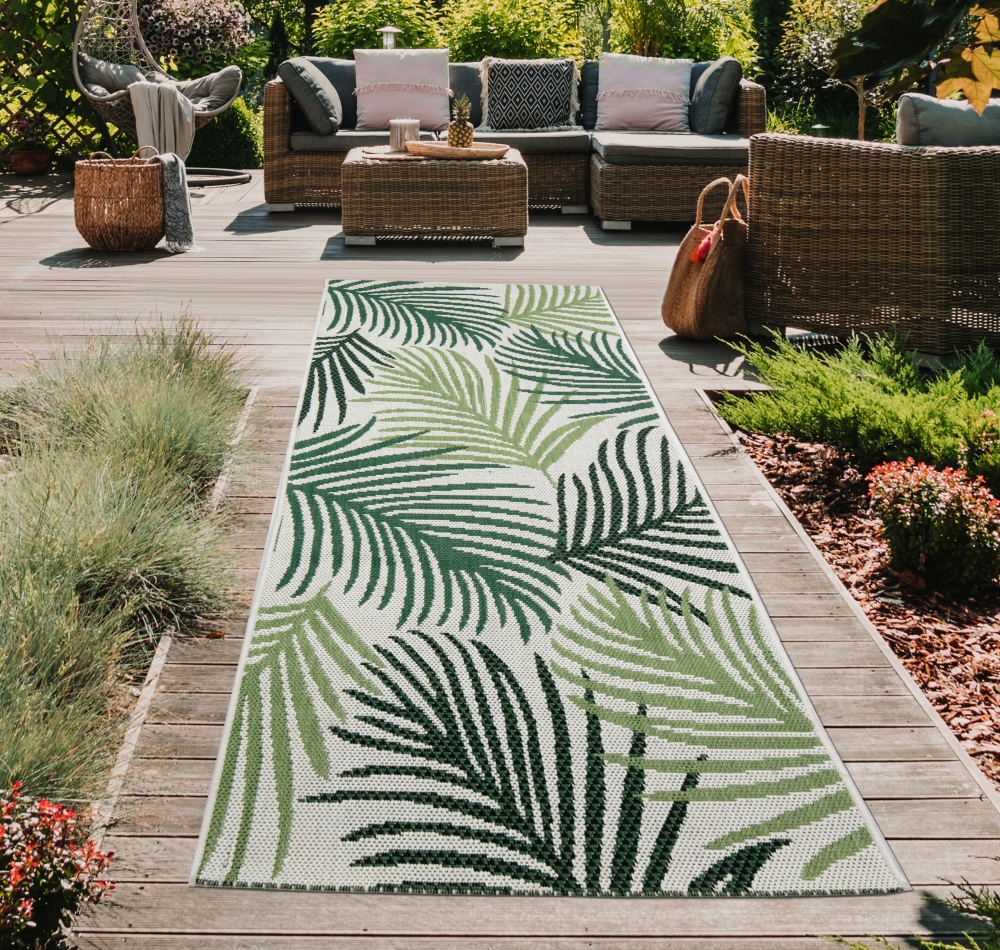In- & Outdoor Teppich Sisal Optik Balkon Küche Wohnzimmer Terrasse Palmenzweige in grün auf sandfarbe