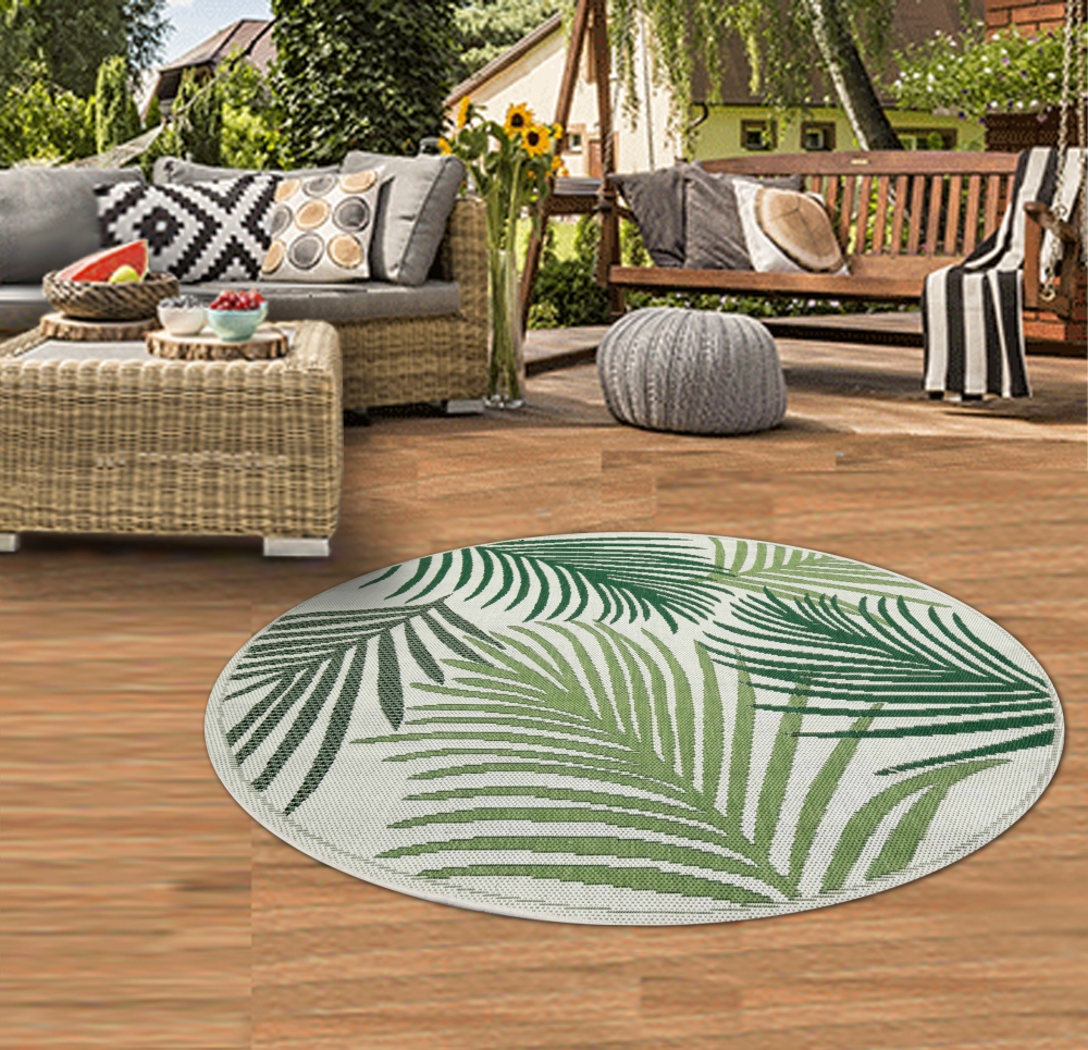In- & Outdoor Teppich Sisal Optik Balkon Küche Wohnzimmer Terrasse Palmenzweige in grün auf sandfarbe