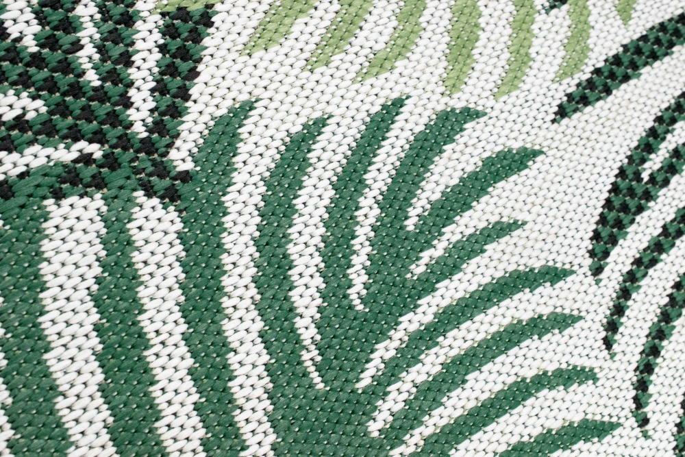 In- & Outdoor Teppich Sisal Optik Balkon Küche Wohnzimmer Terrasse Palmenzweige in grün auf sandfarbe