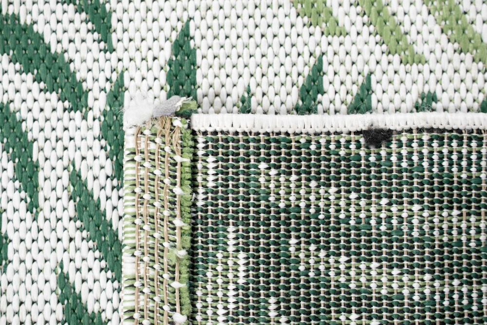 In- & Outdoor Teppich Sisal Optik Balkon Küche Wohnzimmer Terrasse Palmenzweige in grün auf sandfarbe