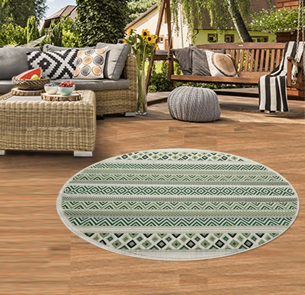 In- & Outdoor Teppich Sisal Optik Balkon Küche Wohnzimmer Terrasse gestreiftes Zickzack Rauten Diamantenmuster grün sand