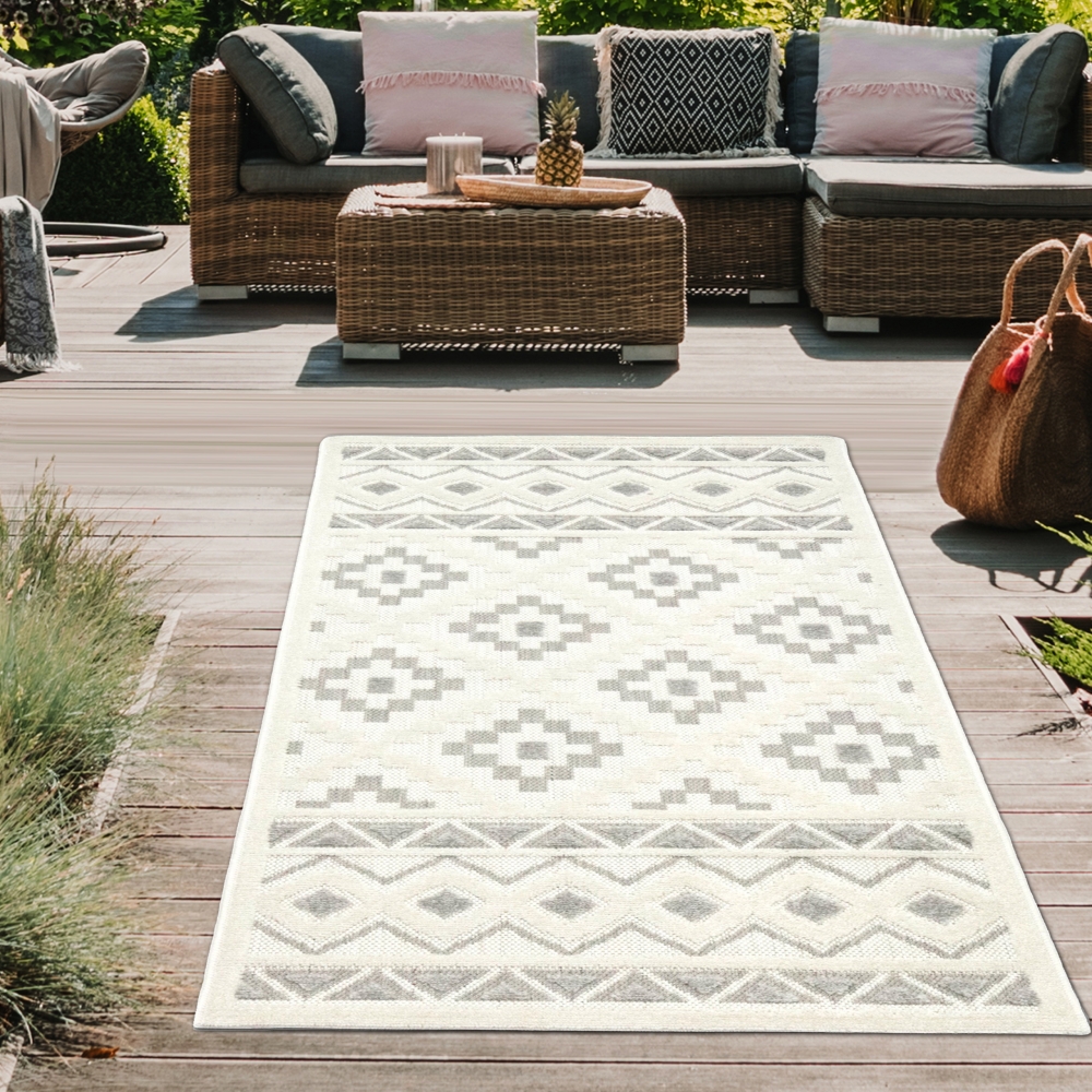 Sisal In- & Outdoor Teppich orientalisches 3d Muster Quadrate & Dreiecke creme