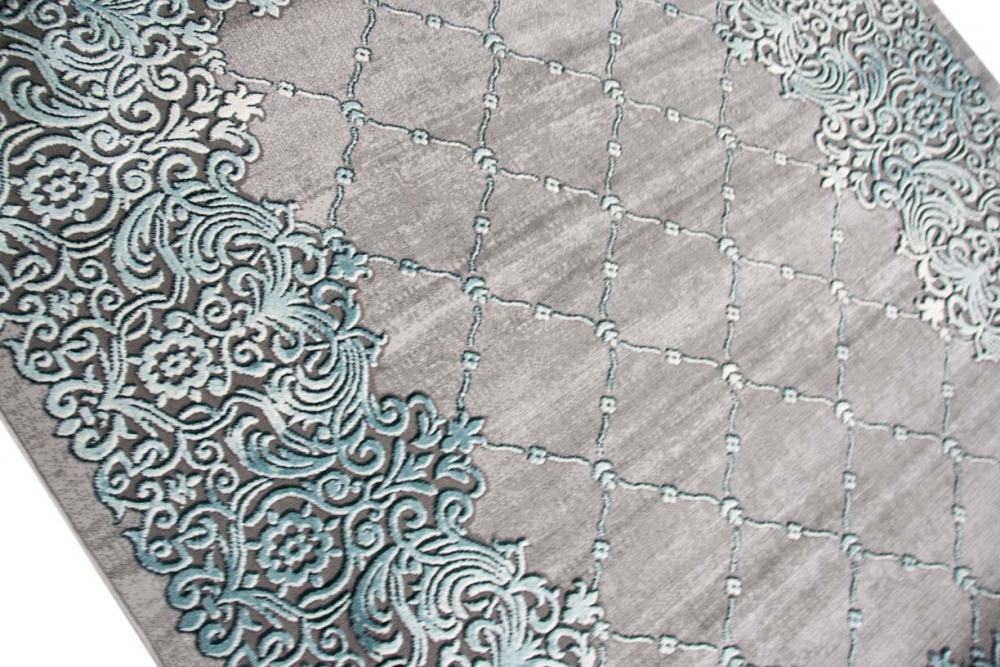Designer Teppich Moderner Teppich Wohnzimmer Teppich Bordüre und Ornamente Kurzflor Teppich mit Konturenschnitt in Grau Türkis Creme