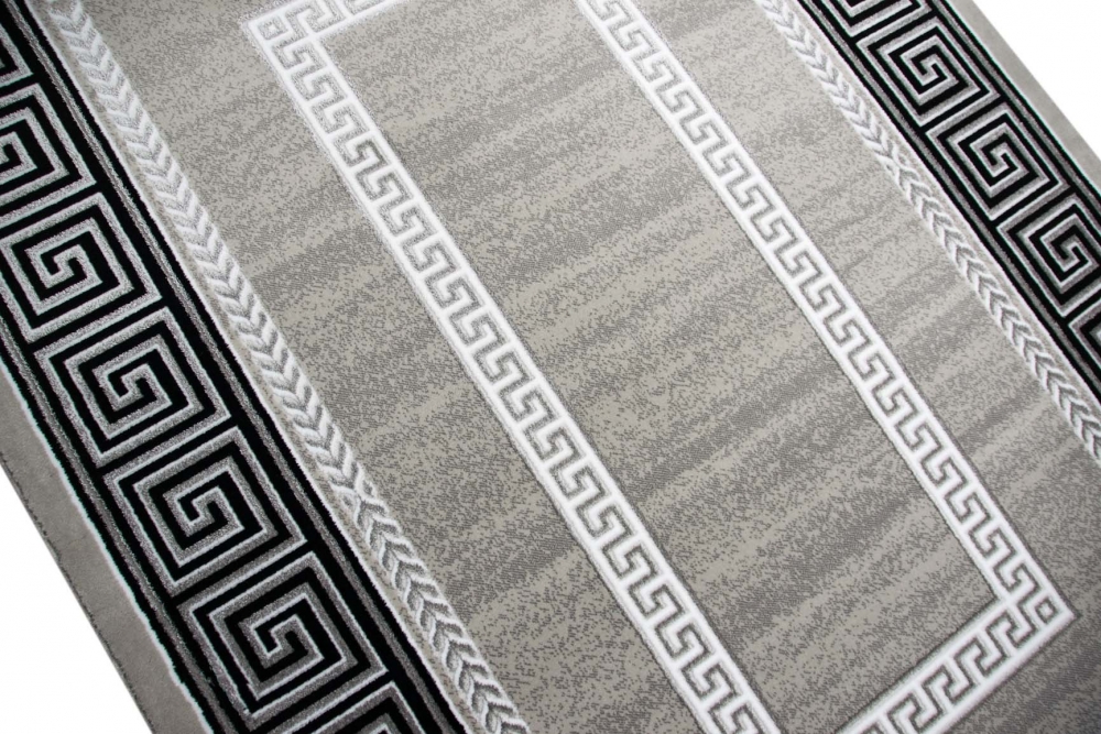 Designer Teppich Moderner Teppich Wohnzimmer Teppich mit Ornament Bordüre   Grau Cream Schwarz