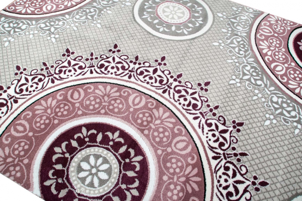 Designer Teppich Moderner Teppich Wohnzimmer Teppich Klassisch gemustert Kreis Ornamente in Pink Lila Grau Creme