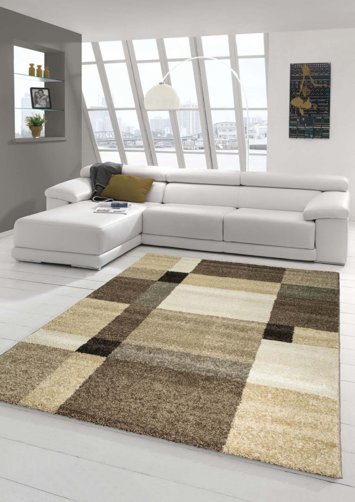 Designer Teppich Moderner Teppich Wohnzimmer Teppich Kurzflor Teppich Barock Design Meliert Braun Beige Mocca