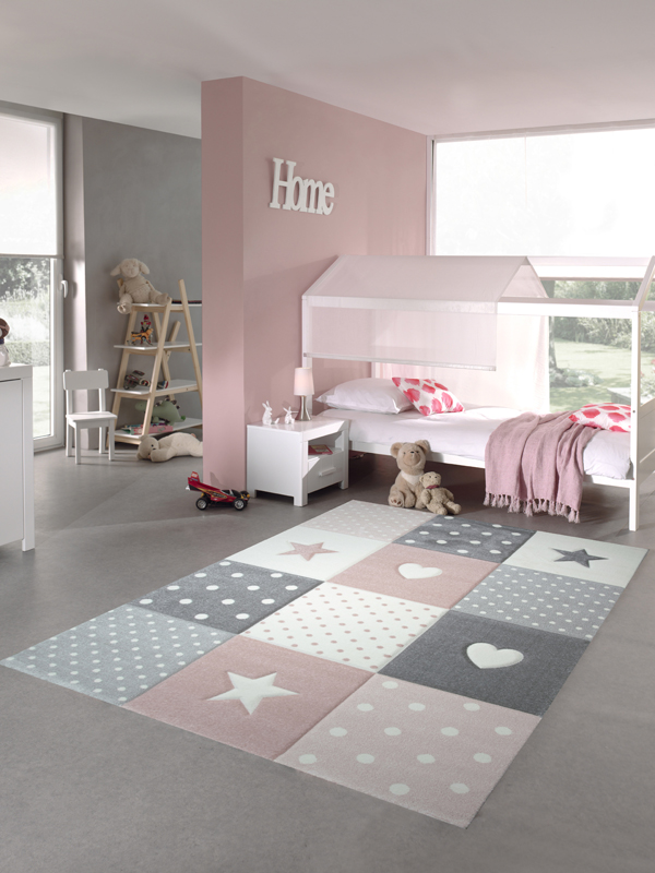 Wunderschöner Kinderteppich für Mädchen in rosa-grau-beige mit Herzen und Sternen